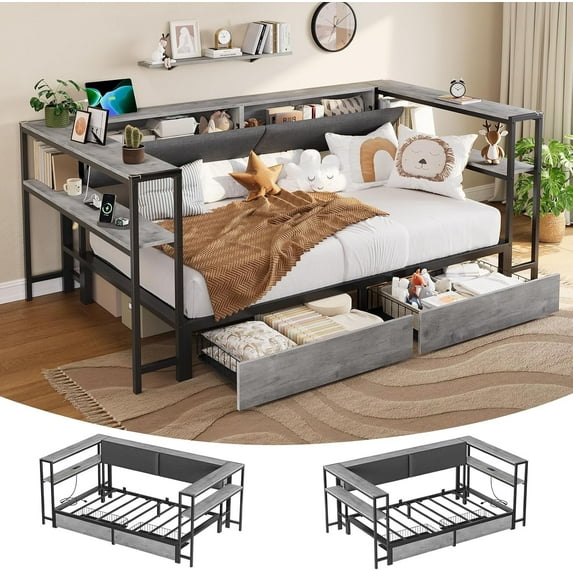 Daybed Twin Size Corner Bed Frame with Charging Station & 2 Storage Drawers, Twin Metal Corner Platform Bed Frame with Storage Shelves for Living Room Bedroom, Gray