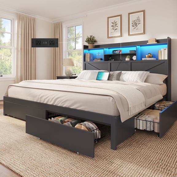 Mabor Farmhouse California King Bed Frame with Bookcase Headboard and 6 Drawers, Rustic Wooden Bed Frame Cal King Size with Charging Station and LED Lights, No Box Spring Needed,Black