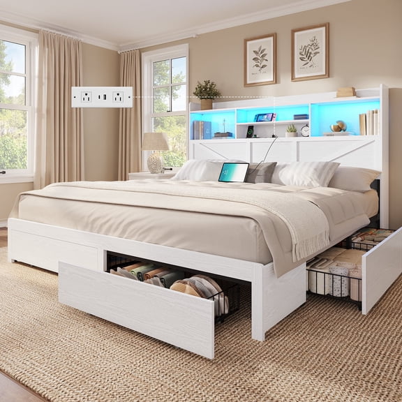 Mabor Farmhouse California King Bed Frame with Bookcase Headboard and 6 Drawers, Rustic Wooden Bed Frame Cal King Size with Charging Station and LED Lights, No Box Spring Needed,White