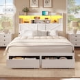 thumbnail image 1 of Mabor Farmhouse Queen Bed Frame with Bookcase Headboard & 6 Drawers, Rustic Wooden Bed Frame Queen Size with Charging Station and LED Lights, Bed with Metal Slats Support,No Box Spring Needed,White, 1 of 6