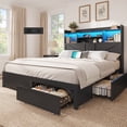 thumbnail image 1 of Mabor Farmhouse Queen Bed Frame with Bookcase Headboard & 6 Drawers, Rustic Wooden Bed Frame Queen Size with Charging Station and LED Lights, Bed with Metal Slats Support,No Box Spring Needed,Black, 1 of 8
