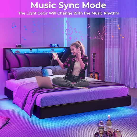 Mabor Floating Bed Frame Full Size with LED Lights&Charging Stations, Faux Leather Upholstered Platform Bed with Storage Headboard for Bedroom, No Box Spring Needed, Black