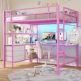 thumbnail image 1 of Mabor Full Metal Loft Bed Frame with L-Shaped Desk&LED Lights&Charging Station, Pink Full Size Loft Bed with 3 Storage Shelves&Drawers, Safety Guard & Stairs, 1 of 9