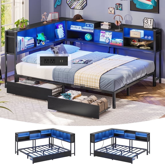 Mabor Full Size Corner Bed Frame with Charging Station & Led Lights, Full Daybed with 2 Drawers and Storage Bookcase, Metal Platform Beds for Living Room Bedroom, Black
