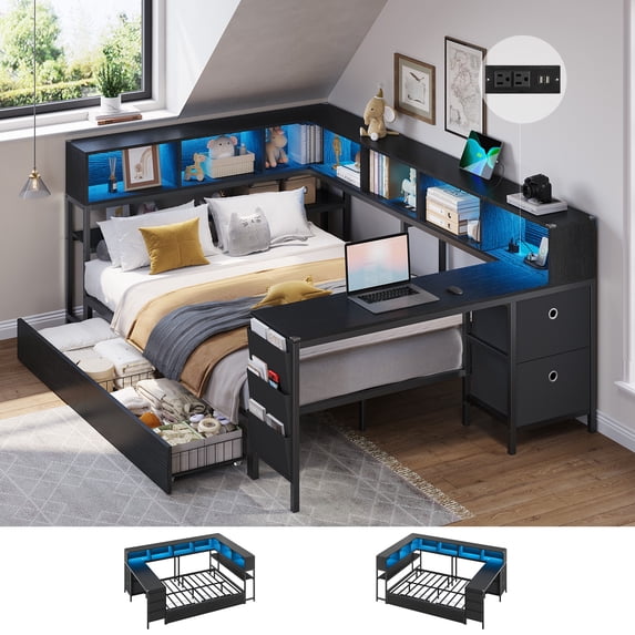 Mabor Full Size Corner Bed Frame with Desk,Charging Station and Bookcase Storage,Full Daybed with Storage Drawers and Led Lights, Metal Platform Bed Frame with Open Shelves,Black