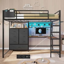 Mabor Loft Bed Twin Size with L-Shaped Desk & Charging Station Twin Metal Loft Bed with LED Lights & 7 Drawers & Clothes Rail for Bedroom, No Box Spring Needed, Black