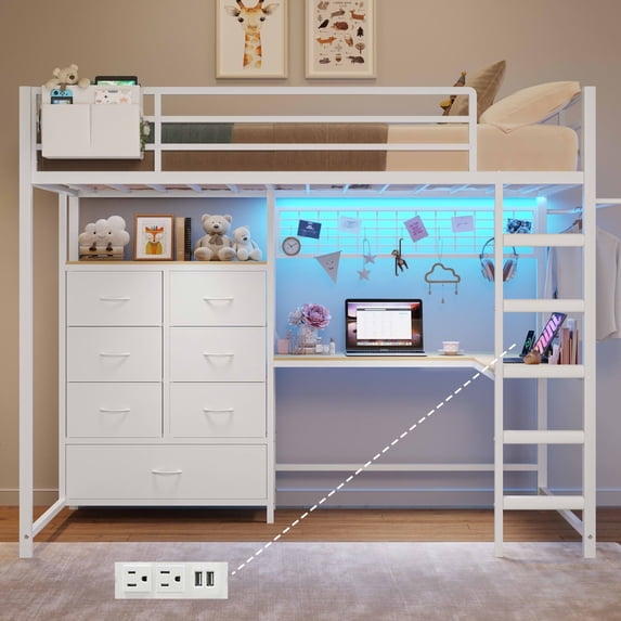 Mabor Loft Bed Twin Size with L-Shaped Desk & LED Lights Twin Metal Loft Bed with Charging Station & 7 Drawers & Clothes Rail & Ladder & Safety Guardrail for Bedroom, White