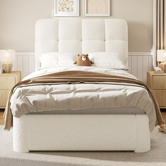 Twin Size Bed Frame with Upholstered Headboard Modern Boucle Bed Frame with Rounded Corners, Twin Soft Cloud Upholstered Platform Bed Frame for Bedroom, No Box Spring Needed, White