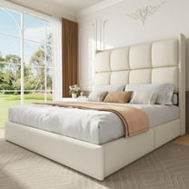 Mabor Queen Size Bed Frame Tall Headboard Upholstered Platform Bed Frame with 9 Metal Legs, No Box Spring Needed, White