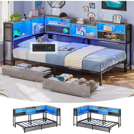 Twin Corner Bed Frame with Charging Station & Led Light, Twin Size Metal Platform Beds with 2 Drawers & Bookcase Storage, Daybed Frame for Living Room Bedroom, Gray
