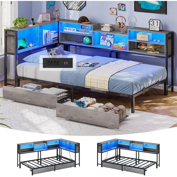 Twin Corner Bed Frame with Charging Station & Led Light, Twin Size Metal Platform Beds with 2 Drawers & Bookcase Storage, Daybed Frame for Living Room Bedroom, Gray