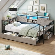 Mabor Twin Corner Bed Frame with Charging Station and Led Lights Farmhouse Daybed with Bookcase Storage & Drawers, Twin Wood Platform Bed Frame for Bedroom Living Room, Gray