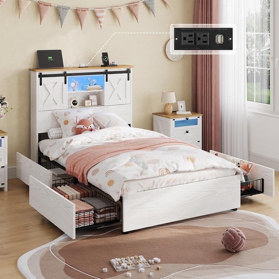 Mabor Twin Size Farmhouse Bed Frame with Charging Station and LED Light, Platform Storage Beds with Headboard&4 Drawers for Bedroom, White
