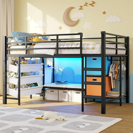 Mabor Twin Size Loft Bed with LED Lights & Reading Bench, Metal Loft Bed Frame with Bookshelf & Storage Basket & Stairs & Full-Length Guardrail for Bedroom, Black