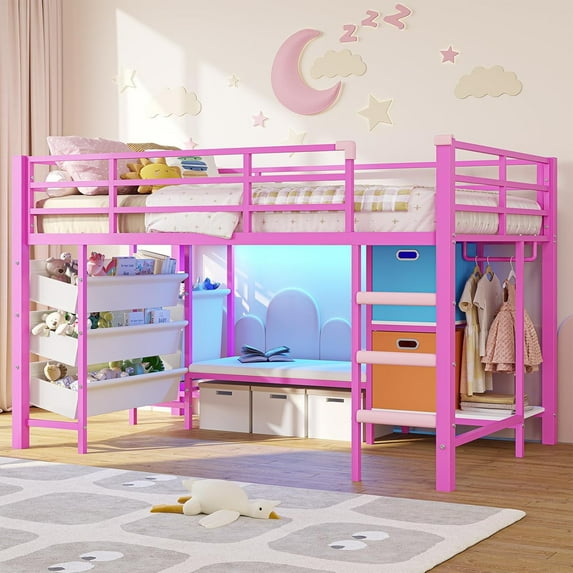 Mabor Twin Size Loft Bed with LED Lights & Reading Bench, Metal Loft Bed Frame with Bookshelf & Storage Basket & Stairs & Full-Length Guardrail for Bedroom, Pink