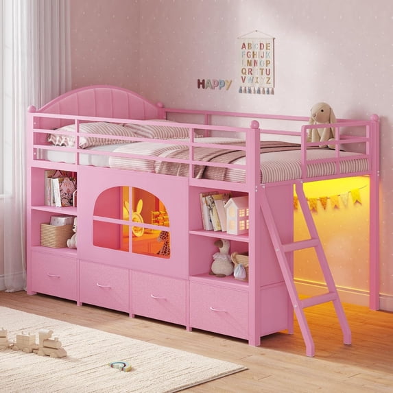 Mabor Twin Size Low Loft Bed with 6 Storage Drawers,Twin Loft Bed with Bookcase & LED Lights, Upholstered Headboard, Secret Play Space, Metal Bed Frame with Safety Guardrail & Inclined Ladder,Pink