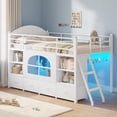 thumbnail image 1 of Mabor Twin Size Low Loft Bed with 6 Storage Drawers,Twin Loft Bed with Bookcase & LED Lights, Upholstered Headboard, Secret Play Space, Metal Bed Frame with Safety Guardrail & Inclined Ladder,White, 1 of 9