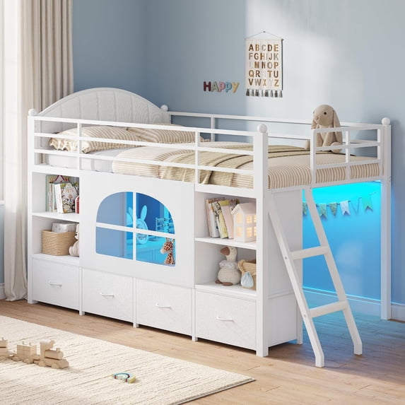 Mabor Twin Size Low Loft Bed with 6 Storage Drawers,Twin Loft Bed with Bookcase & LED Lights, Upholstered Headboard, Secret Play Space, Metal Bed Frame with Safety Guardrail & Inclined Ladder,White
