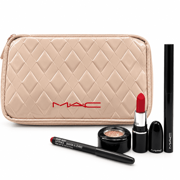 Mac 4pcs Makeup Set - Lip Pencil + Lustreglass Lipstick + Dazzleshadow + Brushstroke Liner