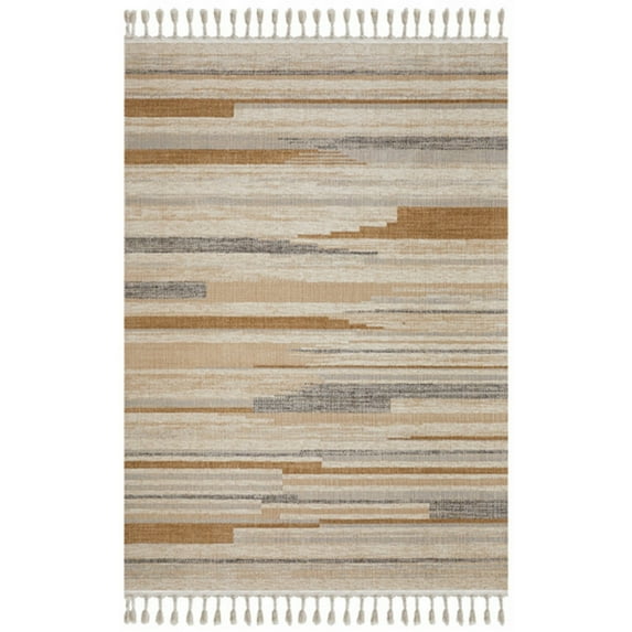 Mac 8 x 10 Area Rug Retro Brown and Cream Polyester Lines Braided Tassles - Saltoro Sherpi