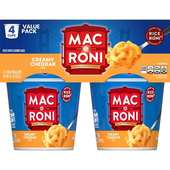 Mac A Roni Pasta with Flavored Sauce Creamy Cheddar, 2.04 oz 4 Count Cups