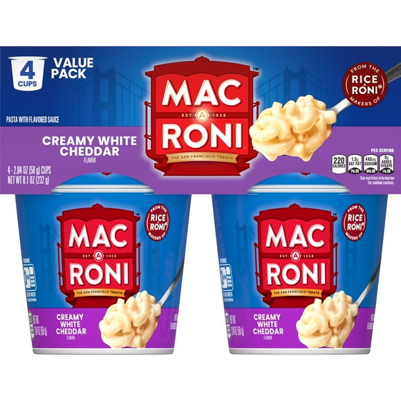 Mac A Roni Pasta with Flavored Sauce Creamy White Cheddar, 2.04 oz 4 Count Cups