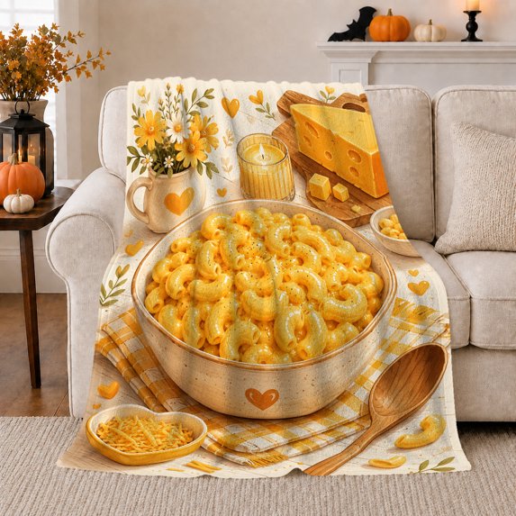 Mac Cheese Still Life, Playful Food Art Scene, Warm Flannel Blanket for Kitchen and Dining Room with Detailed Artwork, Food Lovers Birthday Gift, Playful Home Decor