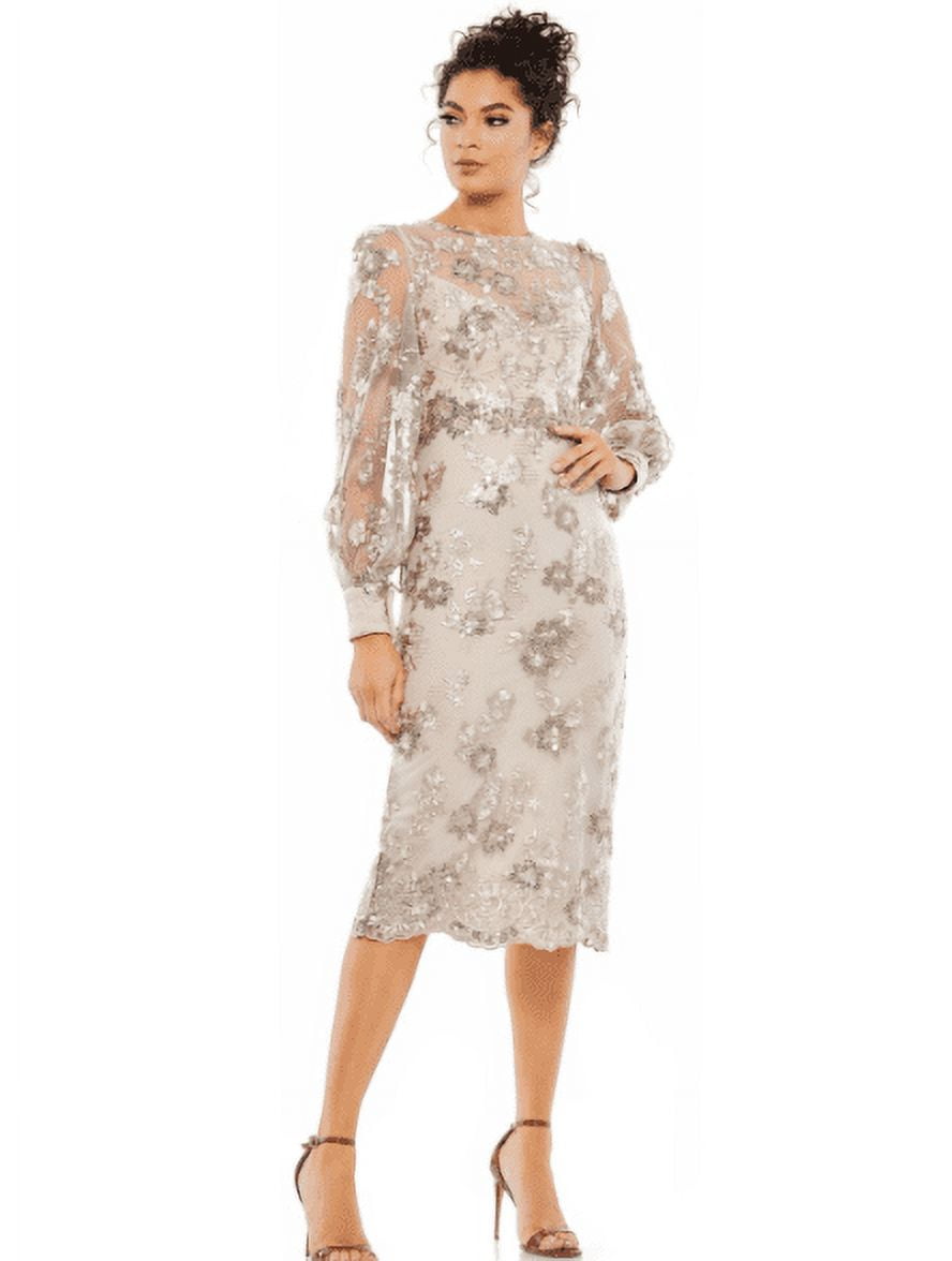 Mac Duggal Women's Mocha Embellished High Neck Illusion Long Sleeve Dress