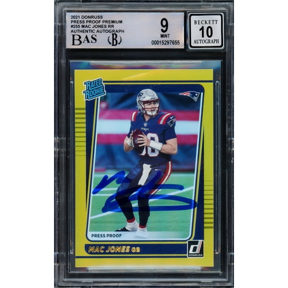 Mac Jones Autographed 2021 Donruss Gold Press Proof Premium Rookie Card #255 New England Patriots BGS 9 Auto Grade Gem Mint 10 Beckett BAS #15297655