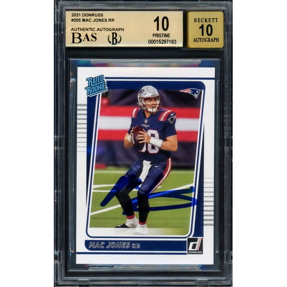 Mac Jones Autographed 2021 Donruss Rated Rookie Card #255 New England Patriots BGS 10 Pristine Auto Grade Gem Mint 10 Highest Graded Beckett BAS #15297163