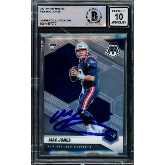 Mac Jones Autographed 2021 Panini Mosaic Rookie Card #306 New England Patriots Auto 10 Beckett BAS 210513