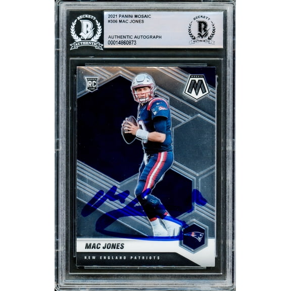 Mac Jones Autographed 2021 Panini Mosaic Rookie Card #306 New England Patriots (Smudged) Beckett BAS #14860873