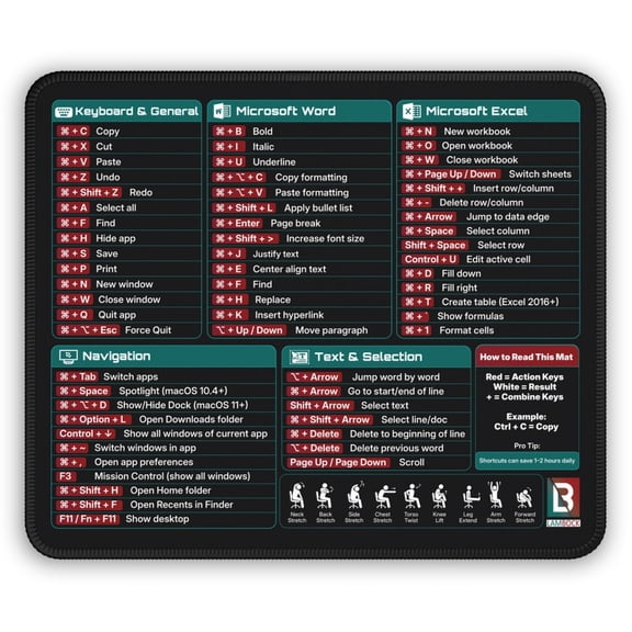 Mac Keyboard Shortcuts Mouse Pad 9x7 | macOS Cheat Sheet Mousepad for Excel, Word | Non-Slip Stitched Edges, Neoprene Surface