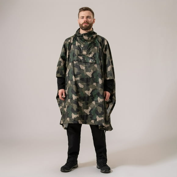 Mac in a Sac Poncho - Packable Waterproof Cape for Men & Women - Lightweight, Windproof & Breathable Rain Jacket with Hood & Cycle Wrist Straps - Green Camo - One Size