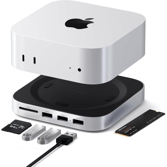 Mac mini M4 Hub & Stand with NVMe SSD Enclosure, Dock 2xUSB A Up to 10Gbps, USB Data Port, SD Card Reader for M4, Pro - Silver