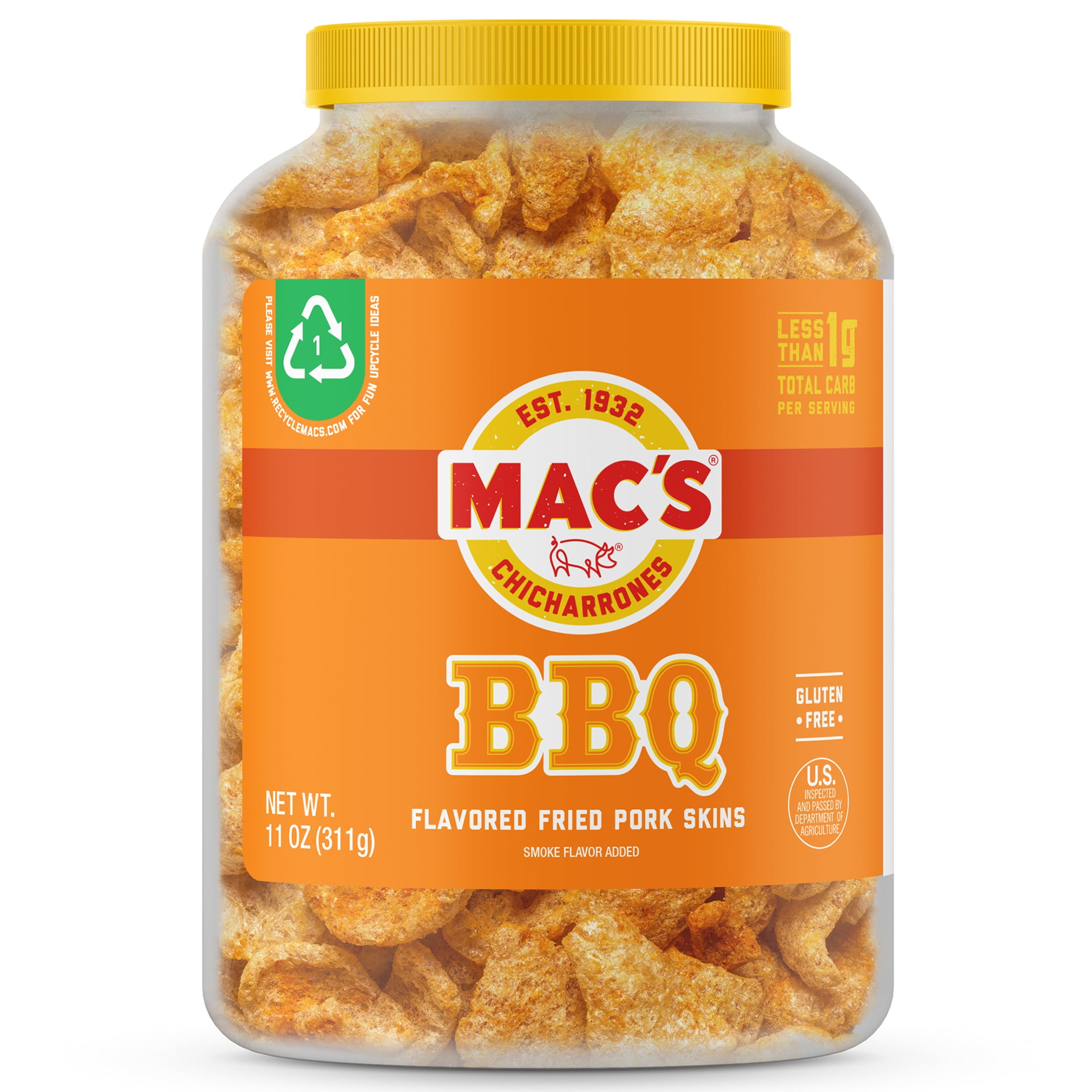 Mac's Chicharrones BBQ Flavored Pork Rinds, Pork Skins, 11 oz Canister