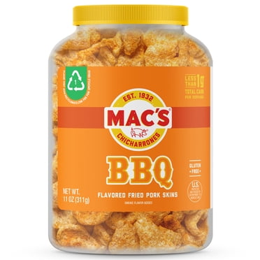 Mac's Chicharrones BBQ Flavored Pork Rinds, Pork Skins, 11 oz Canister