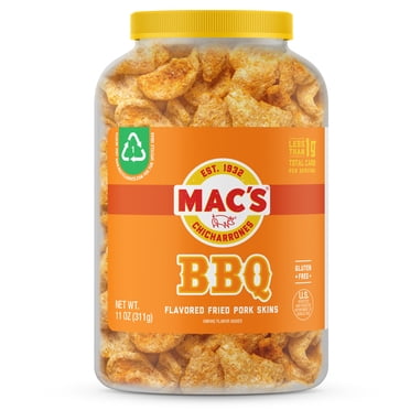 Mac's Chicharrones BBQ Flavored Pork Rinds, Pork Skins, 11 oz Canister