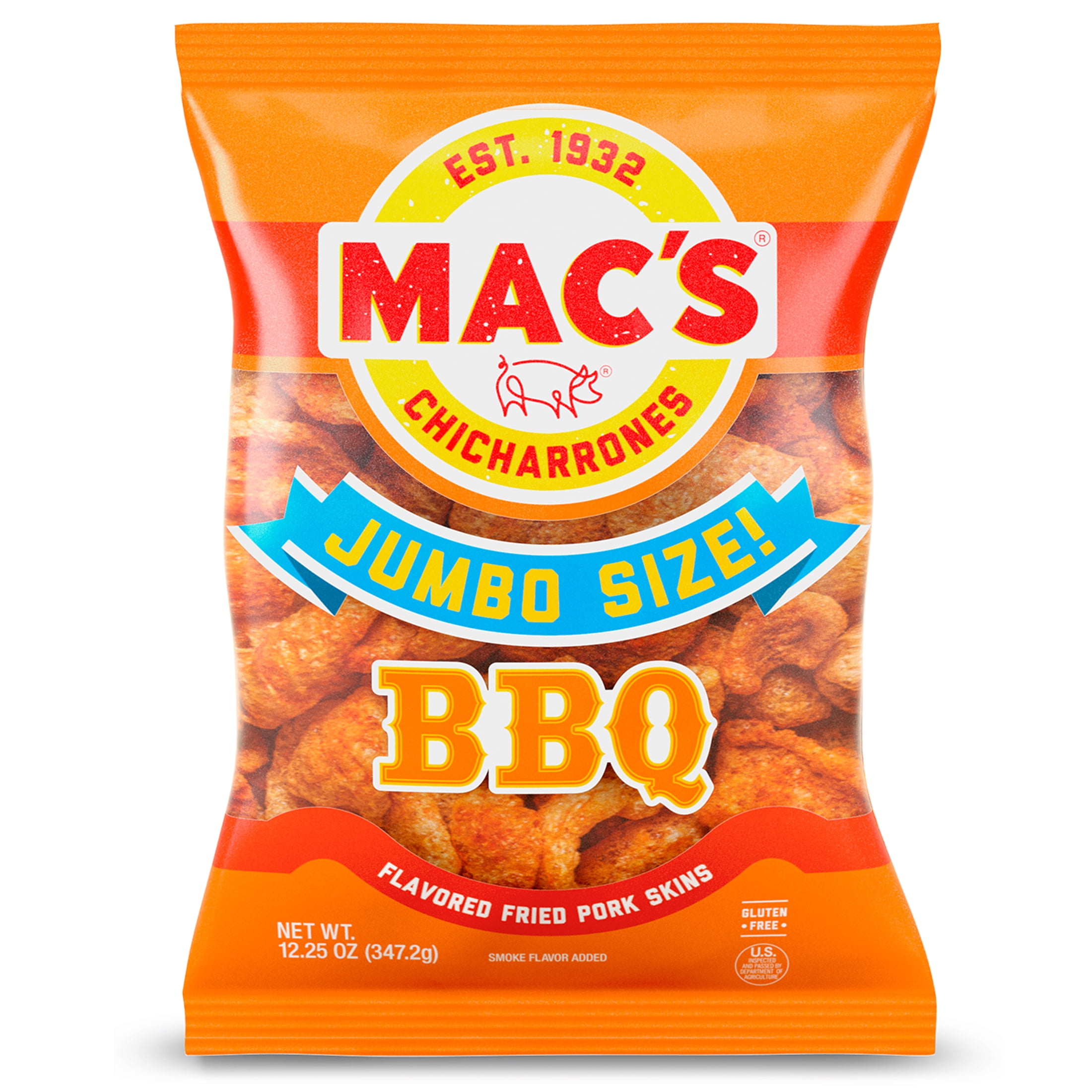 Mac's Chicharrones BBQ Flavored Fried Pork Rinds, Pork Skins, 12.25 oz Bag