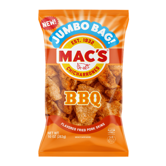 Mac's Chicharrones BBQ Flavored Fried Pork Skins, Jumbo Bag, 10 oz Bag