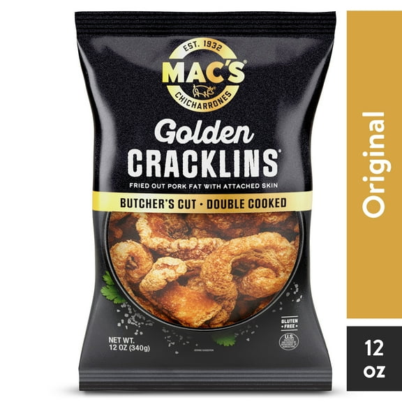 Mac's Chicharrones Golden Cracklin Curls, Fried Pork Fat with Skin, 12 oz Bag