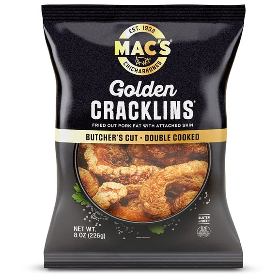 Mac's Chicharrones Golden Pork Cracklins, Fried Pork Fat with Skin, 8 oz Bag