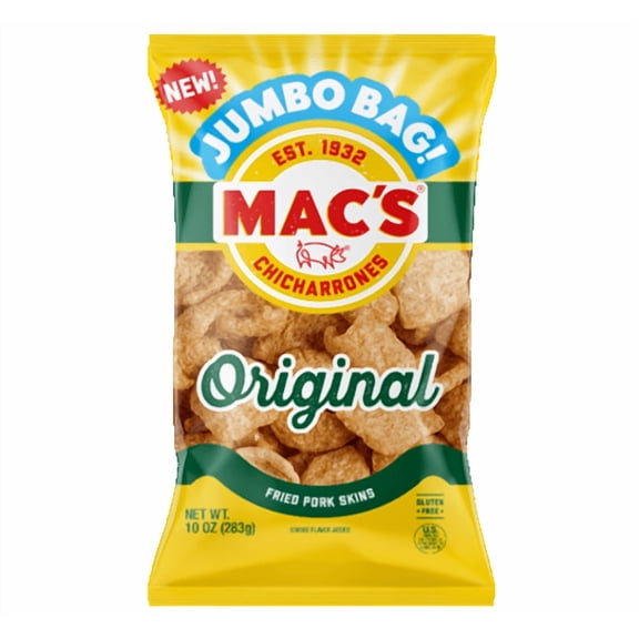 Mac's Chicharrones Original Fried Pork Skins, Jumbo Bag, Crunchy Snack, 10 oz Bag