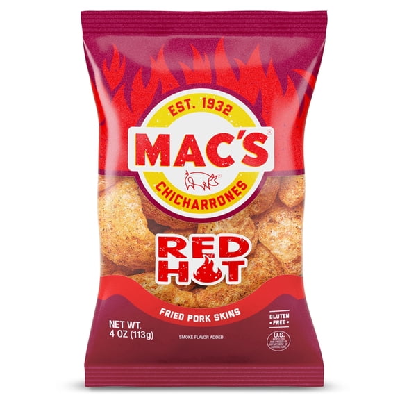 Mac's Hot Chicharrones Pork Rinds, Pork Skins, 4 oz Bag