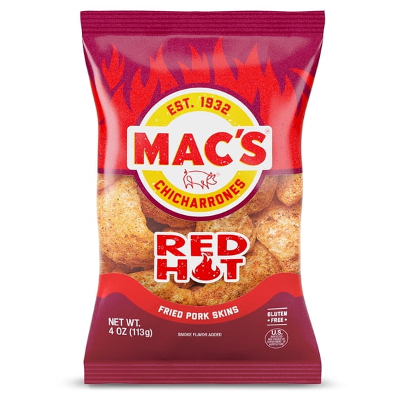 Mac's Hot Chicharrones Pork Rinds, Pork Skins, 4 oz Bag