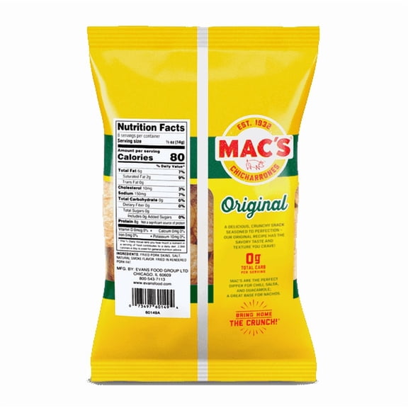 Mac's Original Chicharrones Pork Rinds, Pork Skins, 4 oz Bag