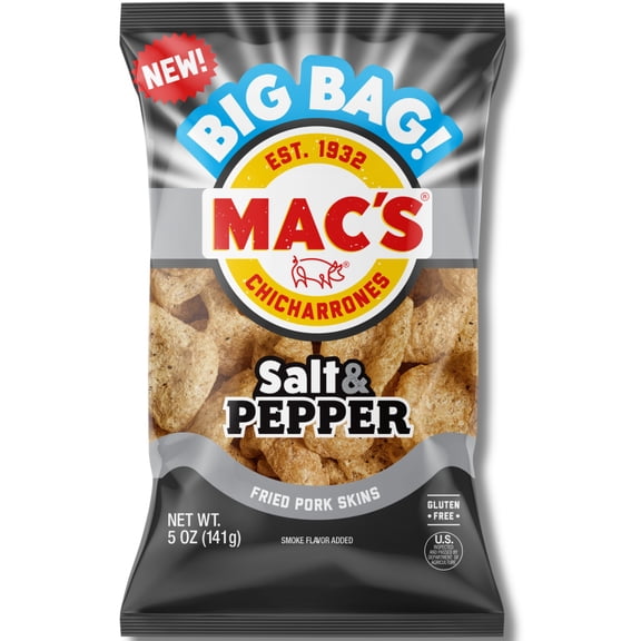 Mac's Salt and Pepper Chicharrones Pork Rinds, Pork Skins, 5 oz Bag