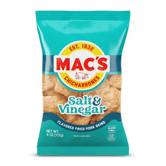 Mac's Salt & Vinegar Fried Pork Skins, 4 oz Bag (2pack)