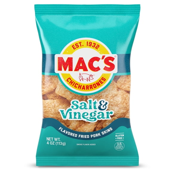 Mac's Salt and Vinegar Chicharrones Pork Rinds, Pork Skins, 4 oz Bag