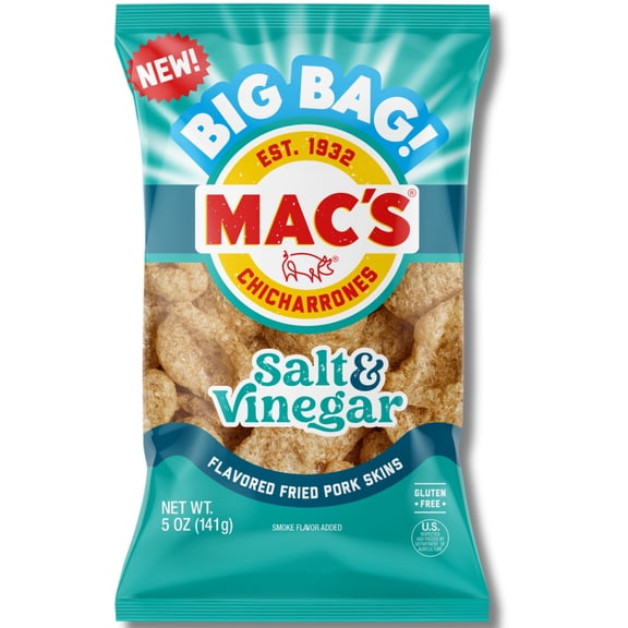 Mac's Salt and Vinegar Chicharrones Pork Rinds, Pork Skins, 5oz Bag